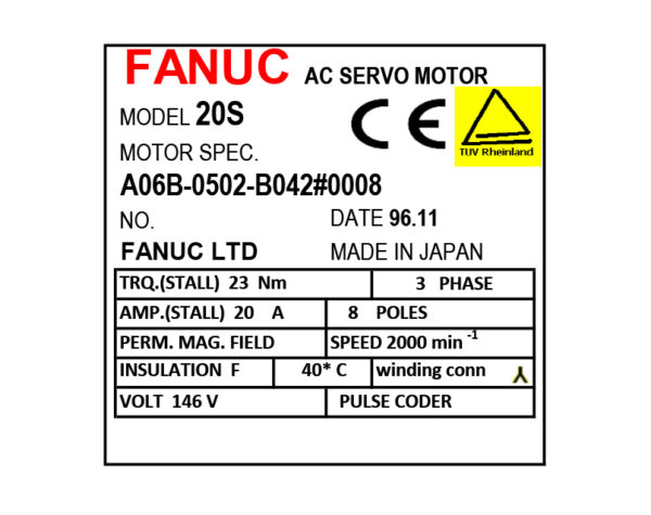 A06B-0502-B042#0008 Fanuc AC Servo Motor Label