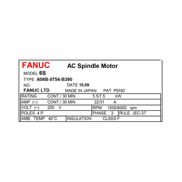 A06B-0754-B390 Fanuc AC Spindle Motor Label