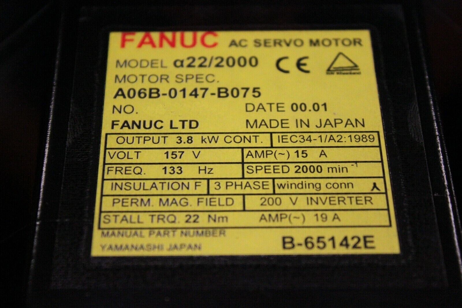 A06B-0147-B075 Fanuc AC Servo Motor A22/2000 A64 Pulse, 157V, 133Hz, 3PH, 15A *1 YEAR WARRANTY* - Image 3