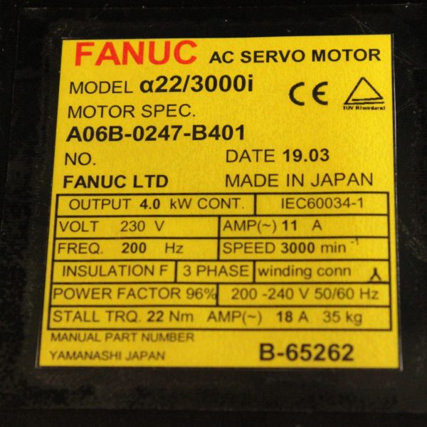 Fanuc A06B-0247-B401 AC MOTOR AIF22/3000I AII1000 BRK 35NM STR *1 YEAR WARRANTY* - Image 3