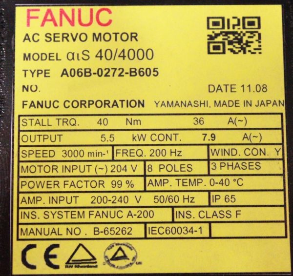 Fanuc A06B-0272-B605 AC Servo Motor AIS40/4000, 204V, 200Hz, 3PH, 7.9A - Image 4
