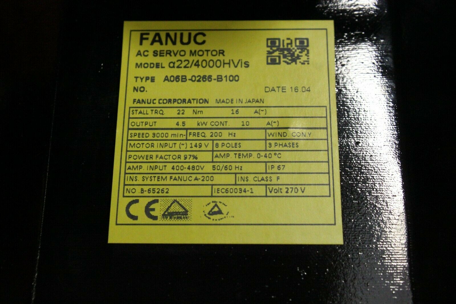 A06B-0123-B075 Fanuc AC Servo Motor A3/3000 A64 Pulse, 127V, 200Hz, 3PH,  4.6A