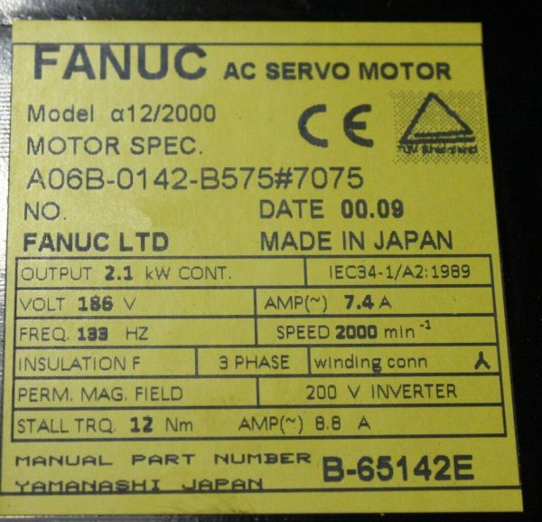 Fanuc A06B-0142-B575#7075  AC MOTOR A12/2000 A64  *1 YEAR WARRANTY* - Image 3