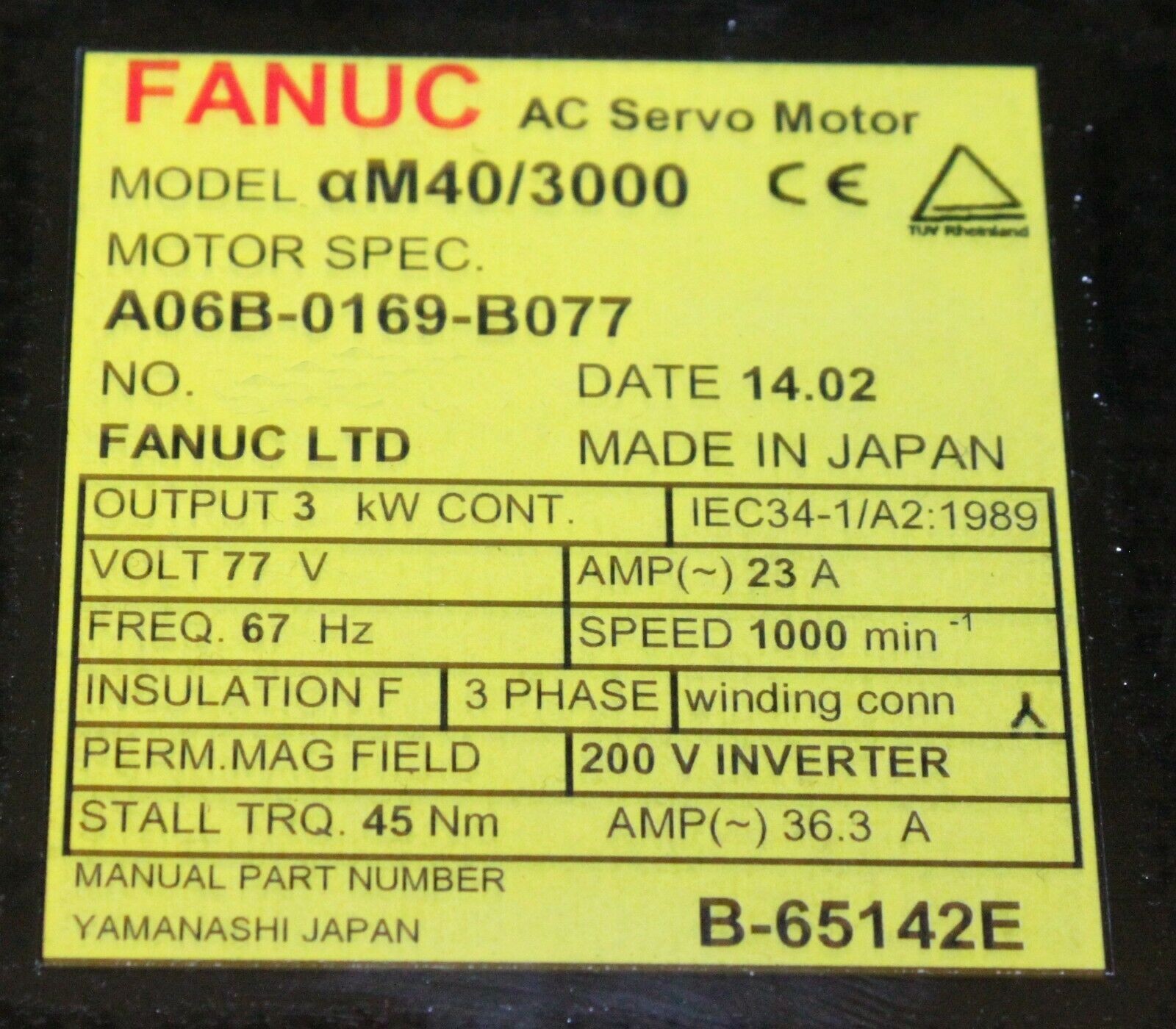 Fanuc A06B-0169-B077 AC Servo Motor AM40/3000 I64, 77V, 67Hz *1 YEAR WARRANTY* - Image 3