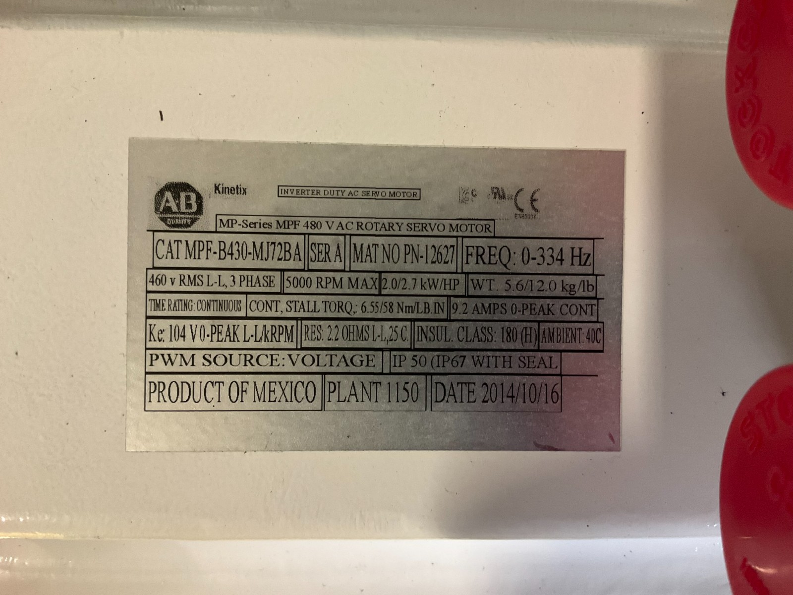 Allen-Bradley MPF-B430-MJ72BA Kinetix MP Series Servo Motor * 1 Year Warranty* - Image 3