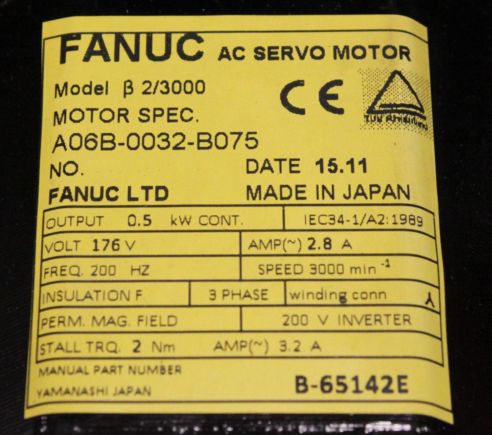 Fanuc A06B-0032-B075 AC MOTOR B2/3000 *1 YEAR WARRANTY* - Image 3