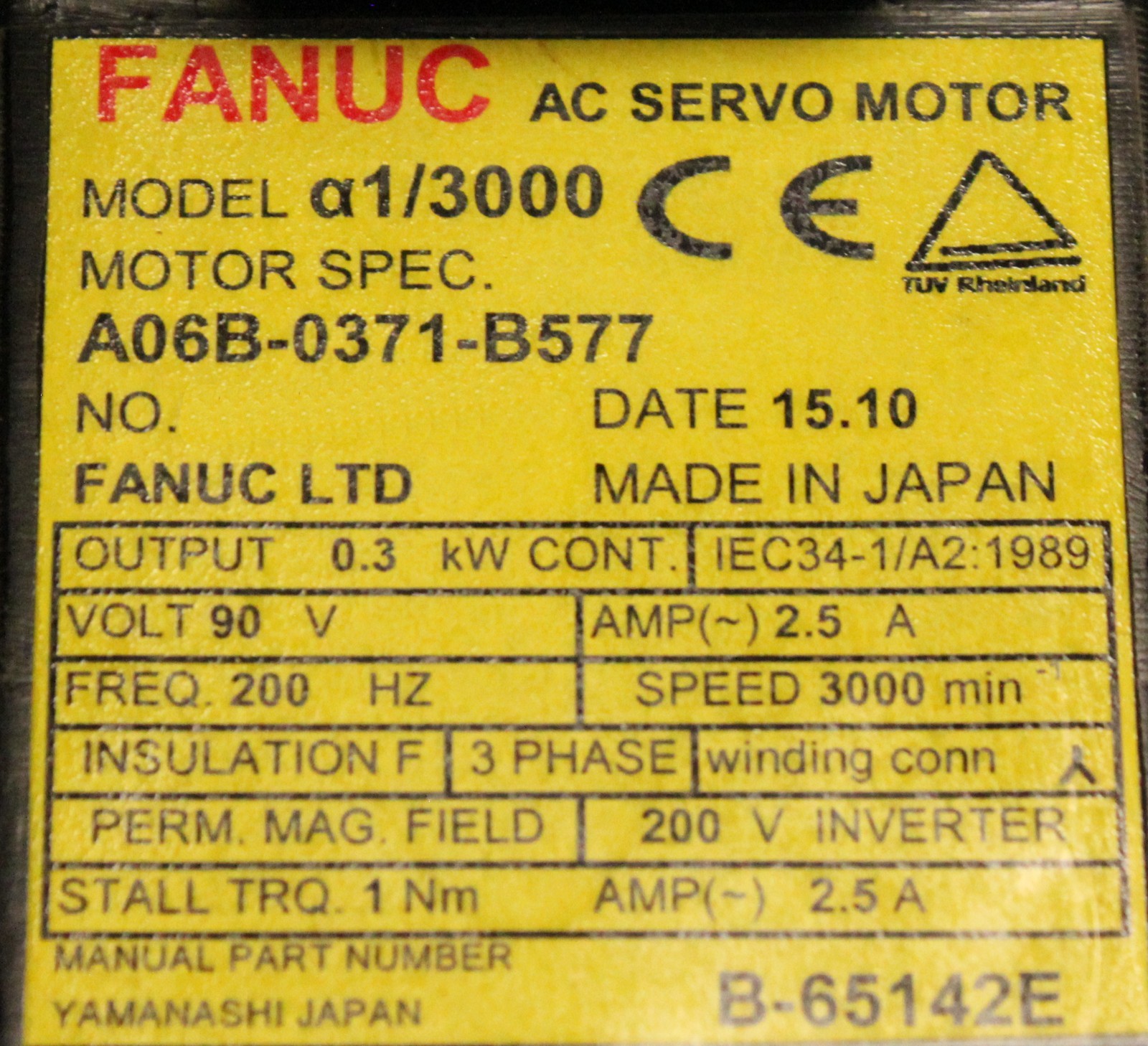 Fanuc A06B-0371-B577 AC MOTOR A1/3000 I64 STRAIGHT *1 YEAR WARRANTY* - Image 3