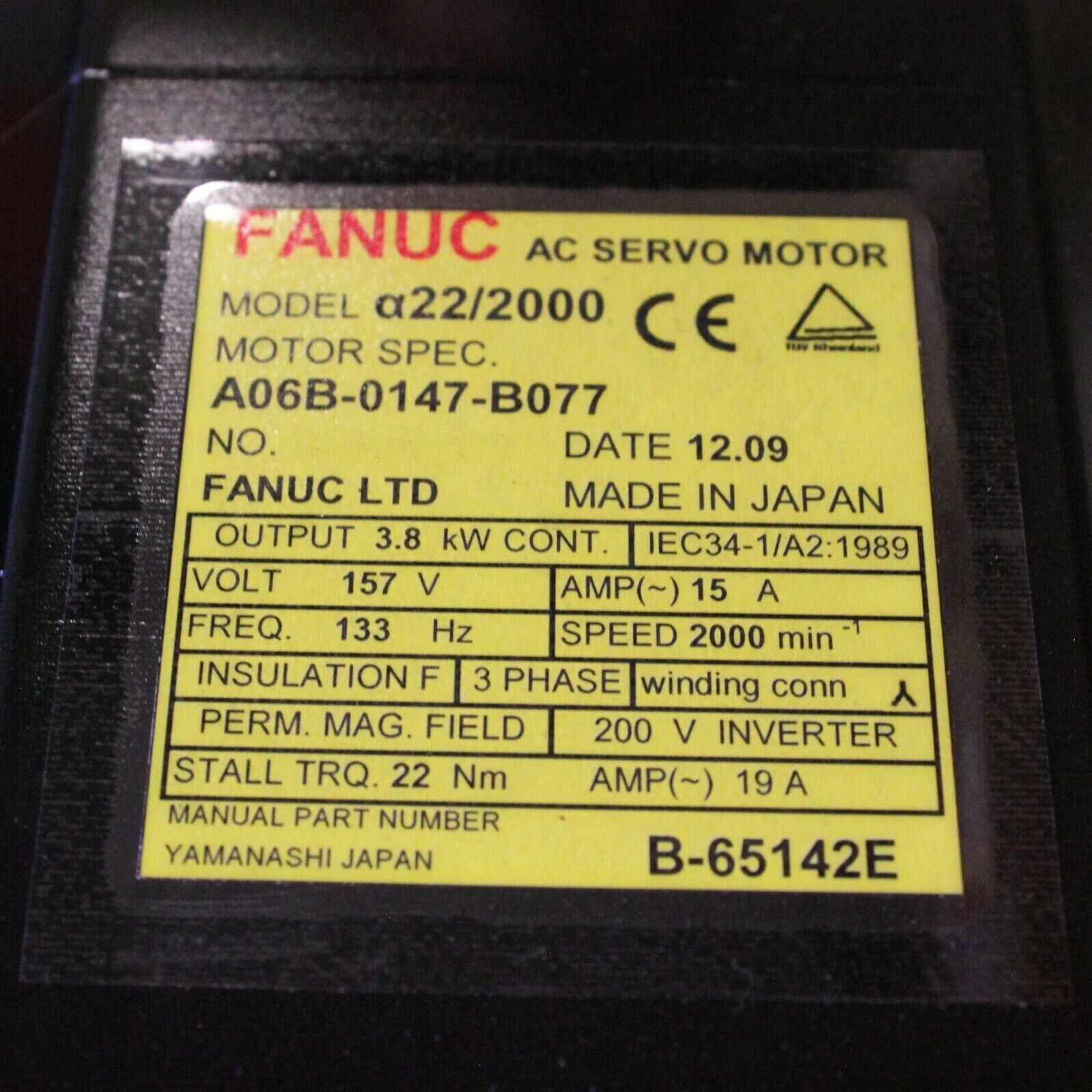 A06B-0147-B077 Fanuc AC Servo Motor A22/2000 I64 Pulse 157V, 133Hz, 3PH, 15A - Image 3