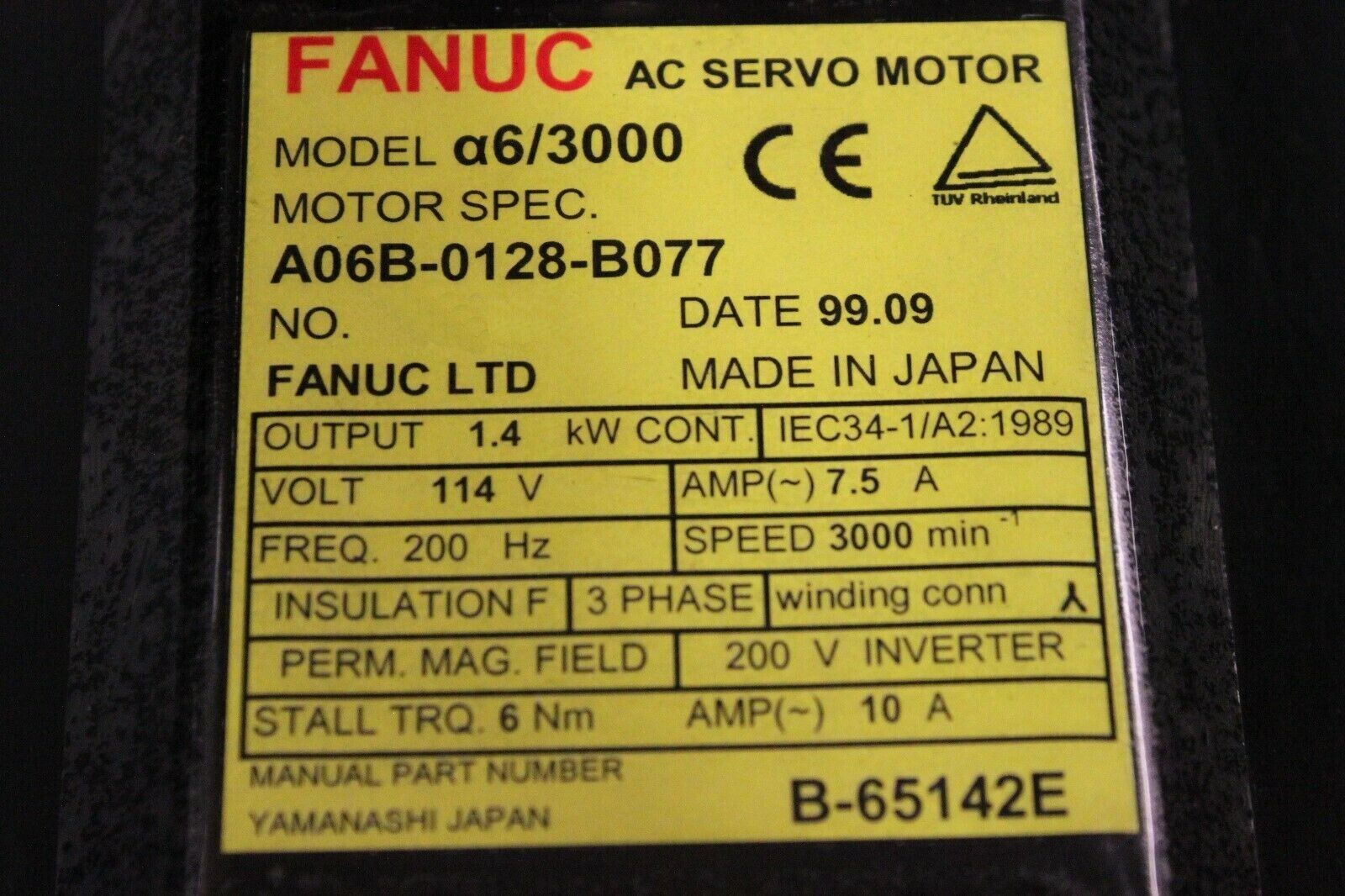 Fanuc A06B-0128-B077 AC MOTOR A6/3000 I64 PULSE *1 YEAR WARRANTY* - Image 3