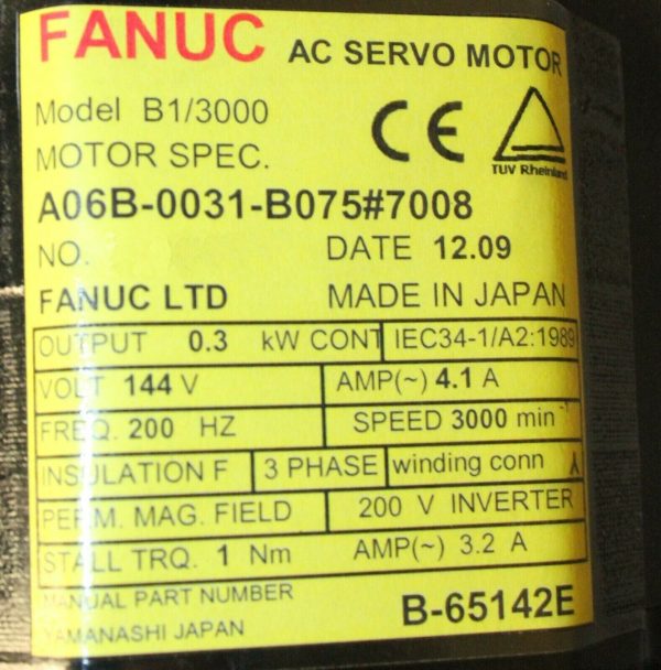 Fanuc A06B-0031-B075#7008 AC MOTOR B1/3000 A32B W/KEYWAY *1 YEAR WARRANTY* - Image 2